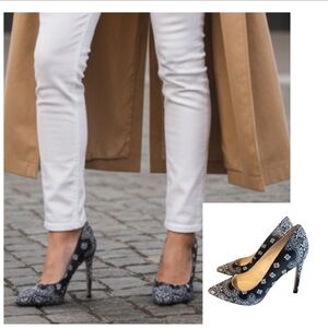 Black White Tatiana heels pumps cloth upper Nine West pointy toe sz 8